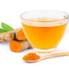 A warm cup of Turmeric Glow herbal tea with golden turmeric color